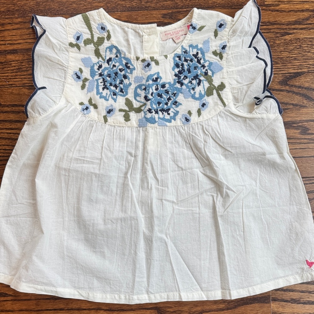 Pink Chicken White Blouse with Blue Floral Embroidery